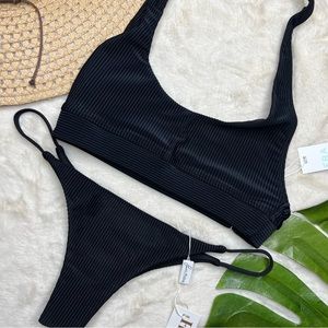 Frankie’s Bikinis Black Ribbed Bikini Set